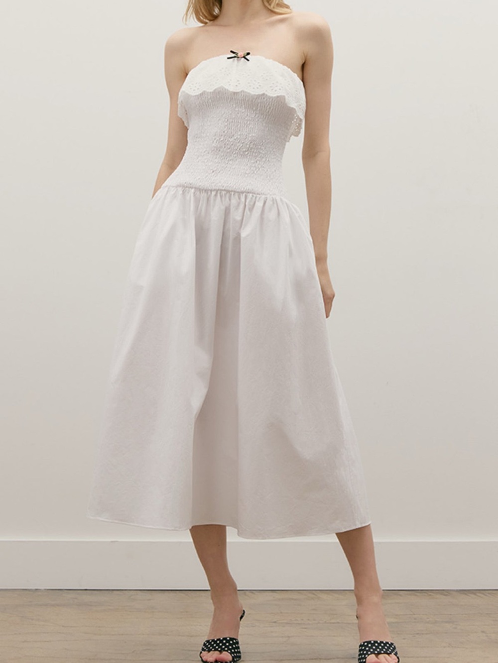 Maude Club Freya White Midi Dress with Crinkled Bodice and Scalloped Trim - Sz L